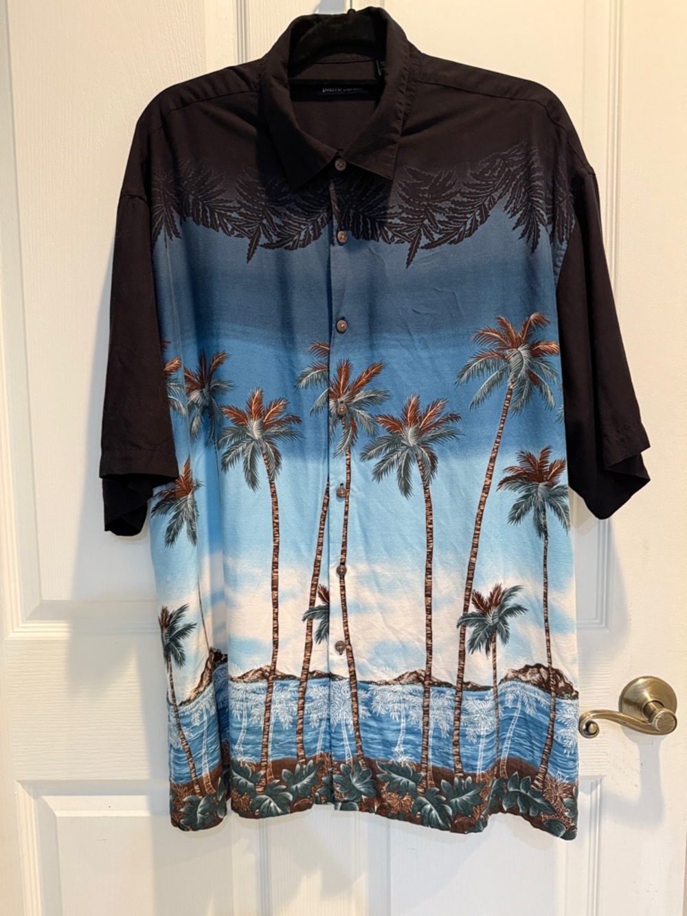 Pierre Cardin Men's XXL Tropical Blue and Black Palm Tree Hawaiian Shirt